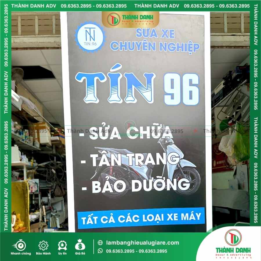 Quy trình làm bảng hiệu Hiflex in UV căng khung sắt sửa xe Tín 96